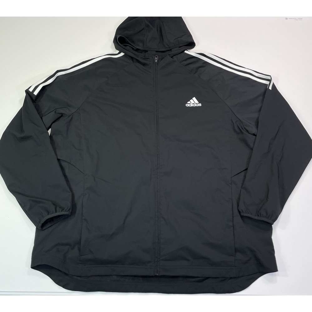 Adidas Windbreaker Zip Up Hoodie Men's XXL Black Striped Rain Jacket Mesh Lined